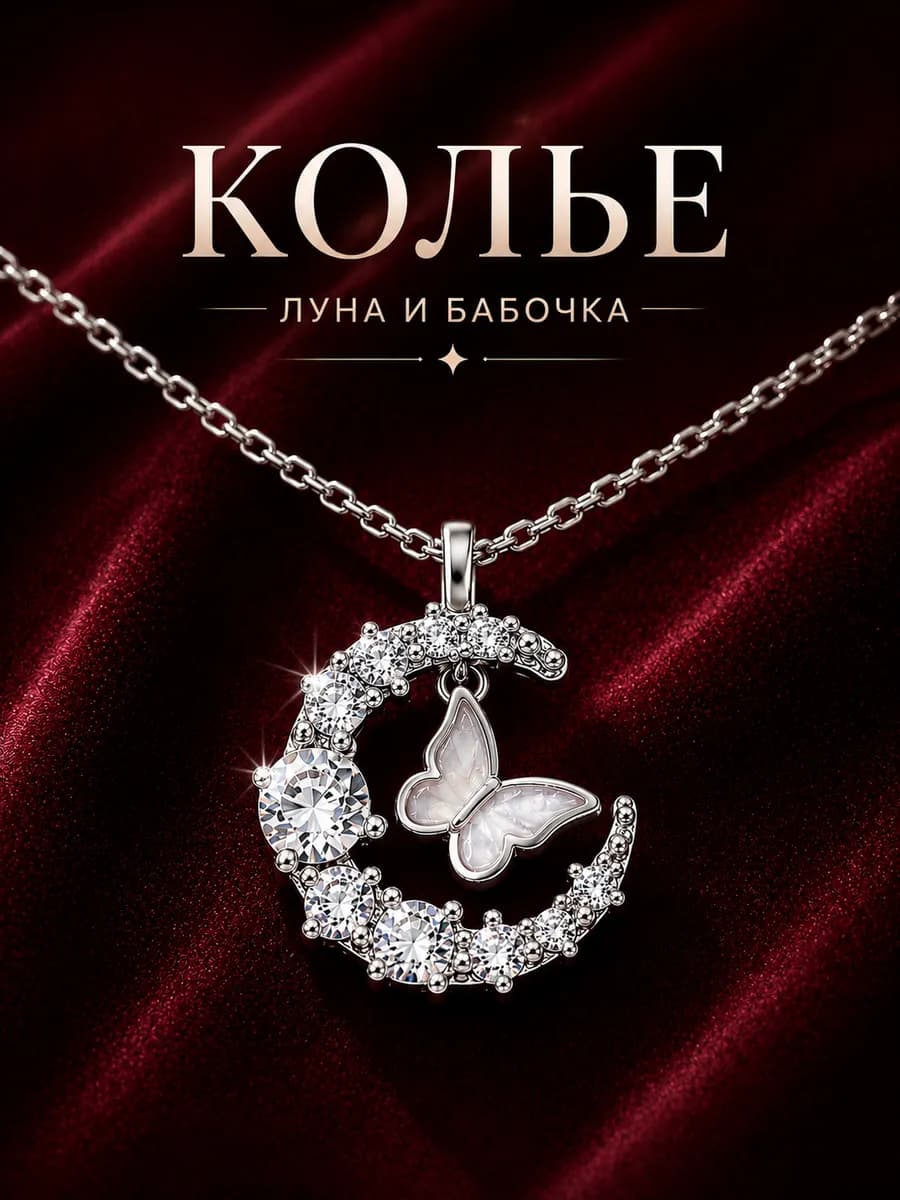 Подвеска со стразами Луна и бабочка